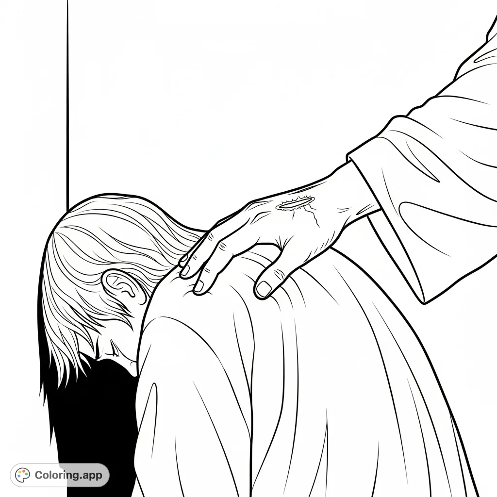 A poignant scene of Jesus's hand, bearing nail marks, comforting a dejected person huddled in a corner. A powerful image of solace and spiritual support.