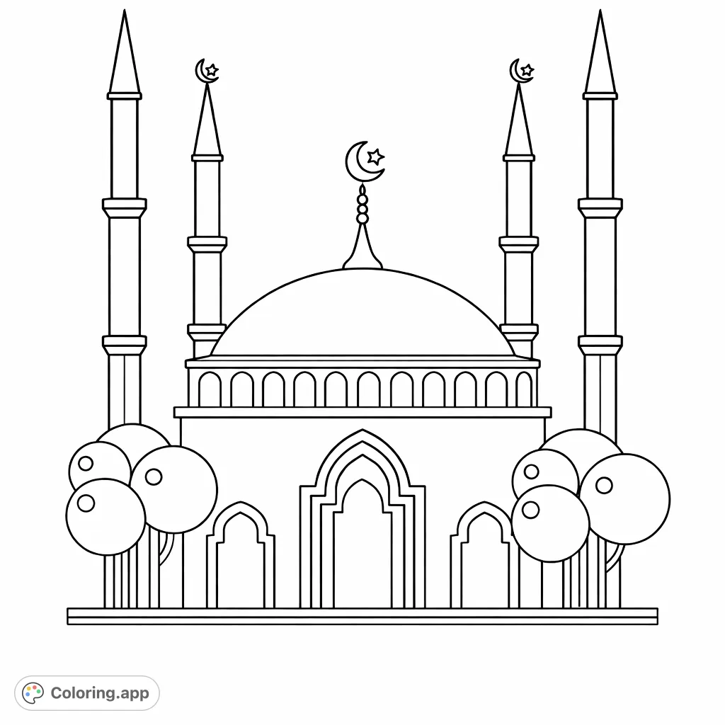 Explore and color this detailed mosque design featuring a majestic dome, tall minarets, and symmetrical arches. A serene architectural scene.