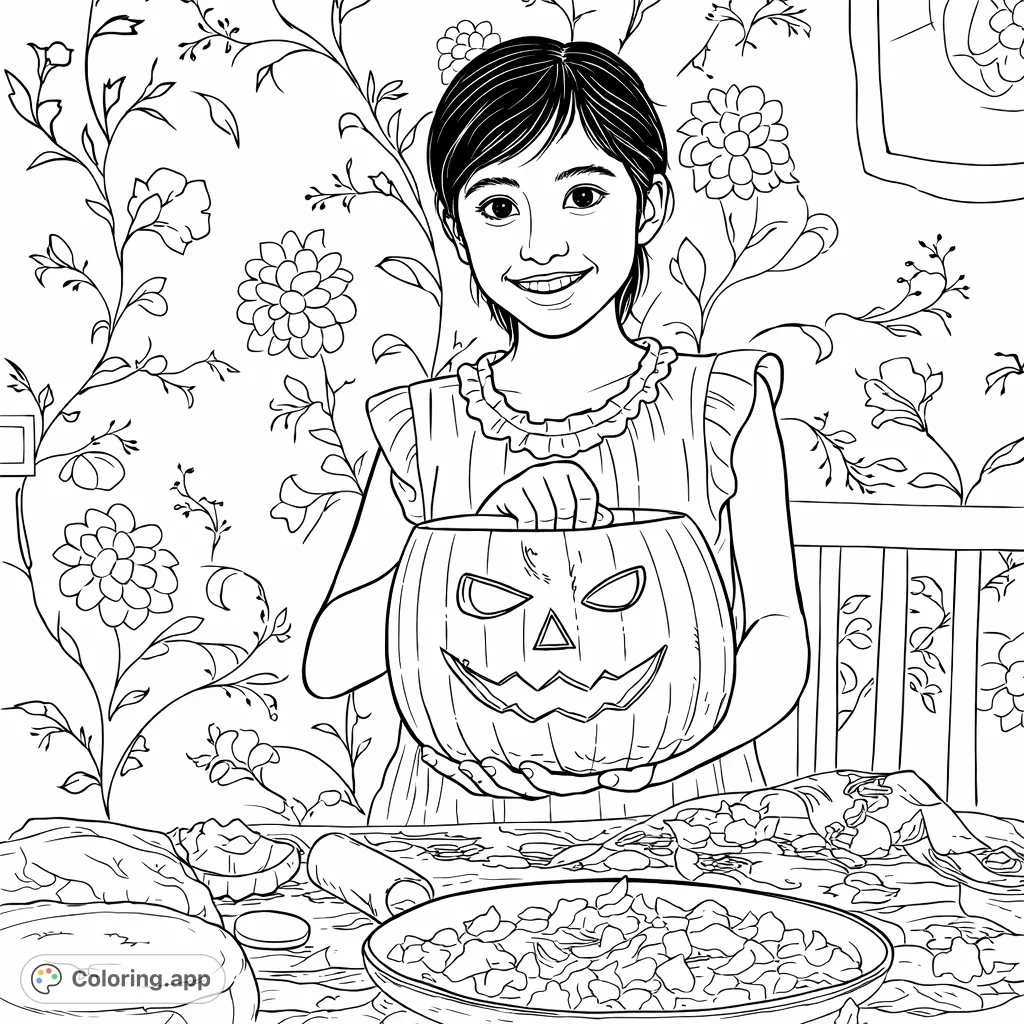 A cheerful girl holds her freshly carved jack-o'-lantern, surrounded by pumpkin remnants, ready for a festive autumn coloring experience.