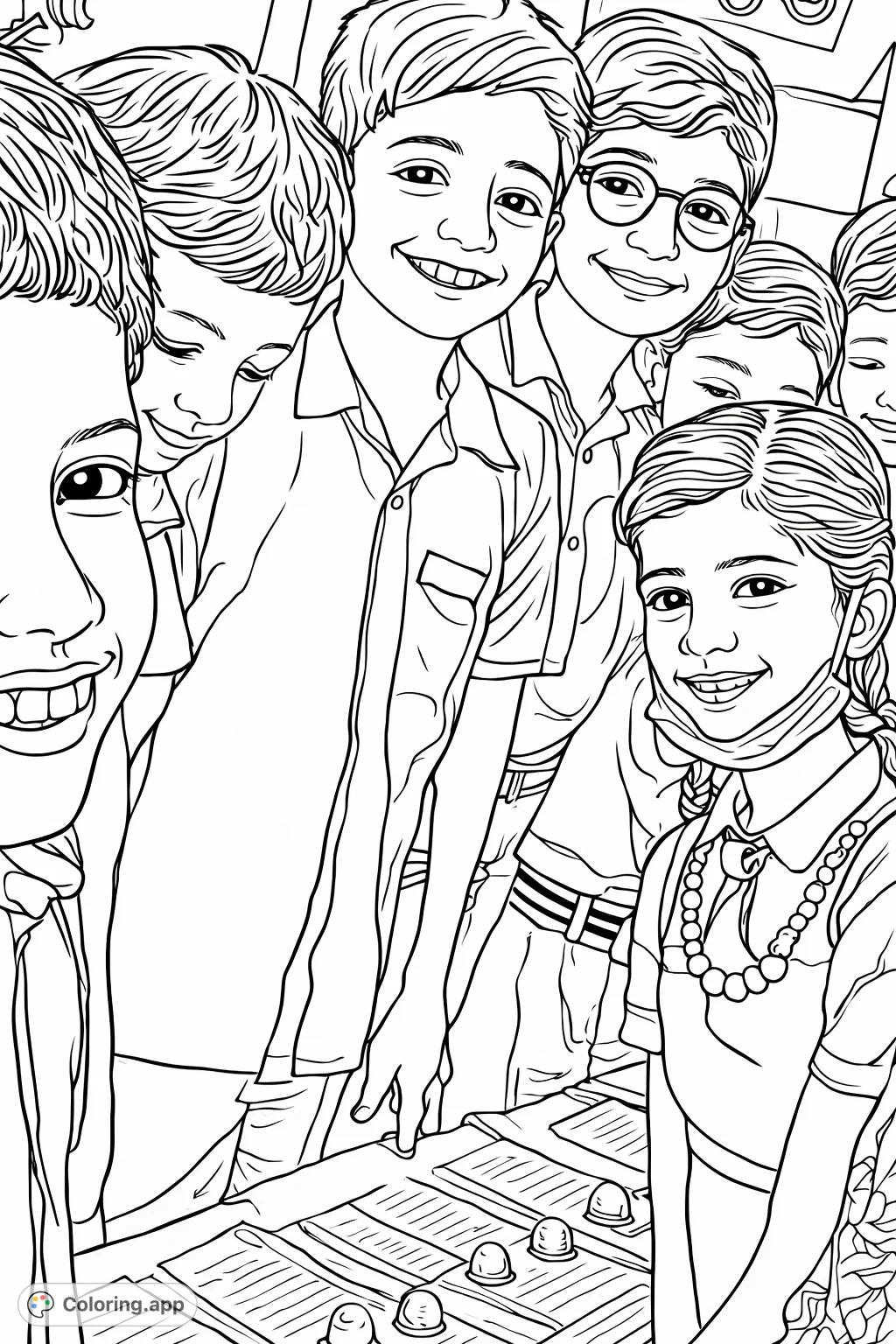 A joyful scene of students gathered, smiling and engaged, possibly at a school event. Features school uniforms and intriguing table displays.