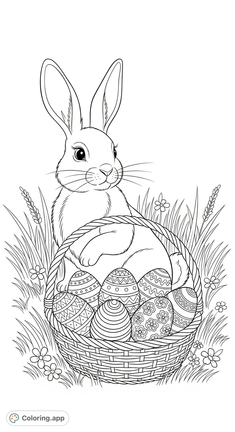 A cheerful Easter bunny proudly presents a basket filled with eight uniquely patterned eggs on a springtime meadow, ready for coloring.