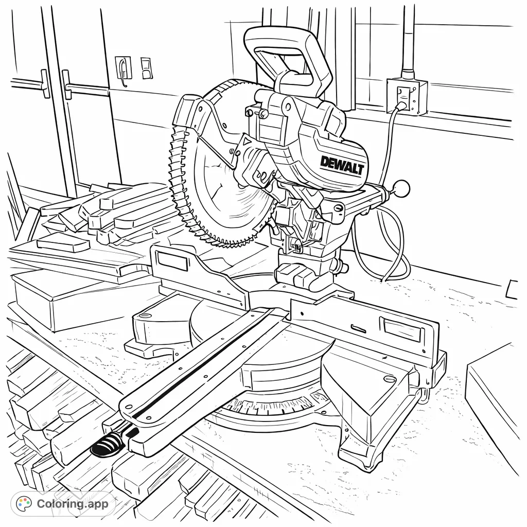 Color a detailed miter saw in a bustling workshop, surrounded by wood scraps and sawdust. Perfect for woodworking enthusiasts and mechanical art lovers.