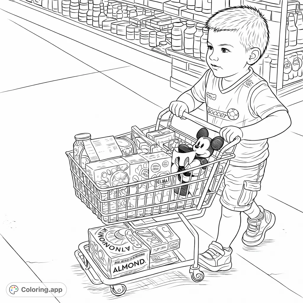 Join a cheerful child on a grocery shopping adventure, pushing a cart filled with everyday essentials and a favorite toy. A delightful scene for young colorists.