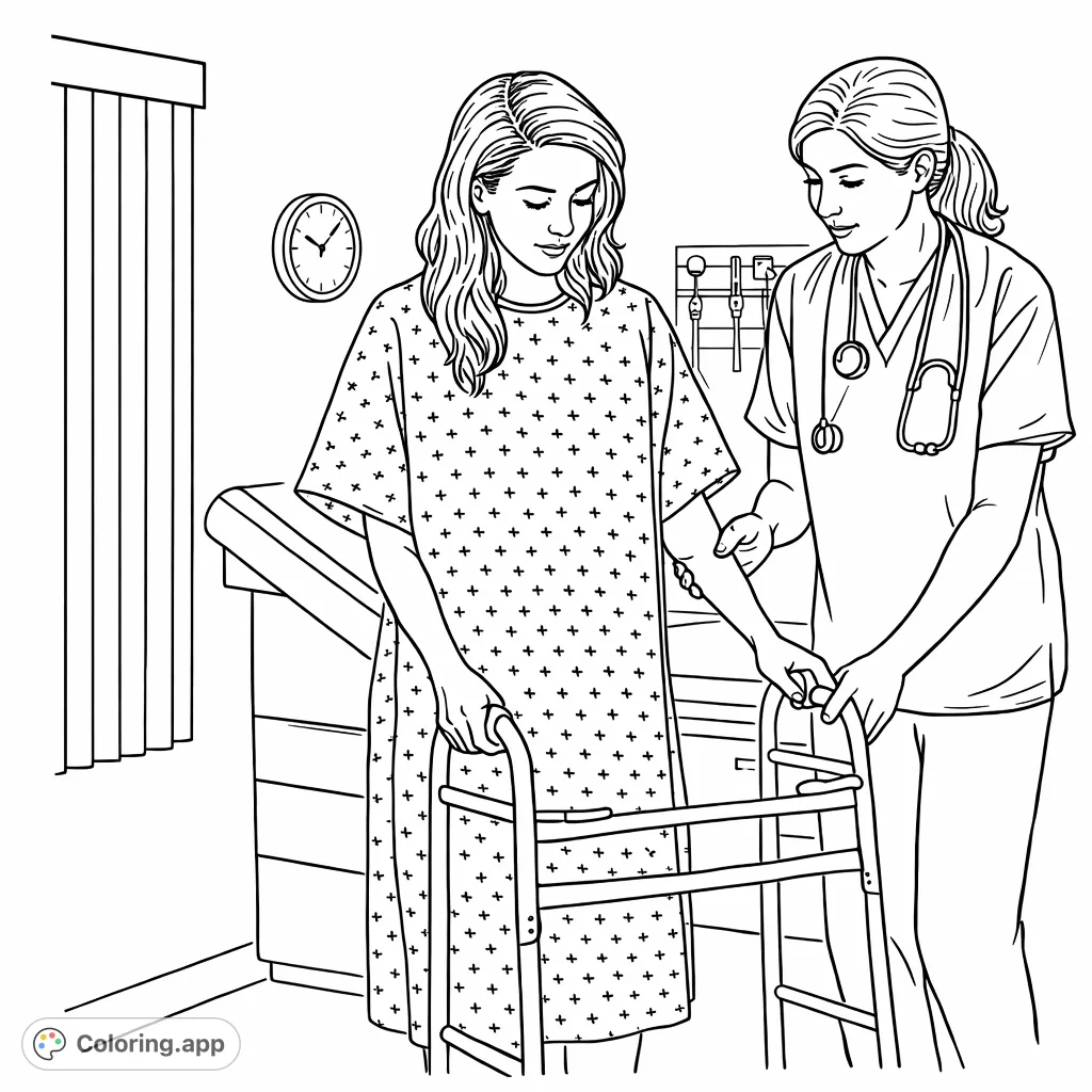 A patient receives supportive care from a medical professional, using a walker in an exam room. Perfect for themes of health, recovery, and compassionate aid.