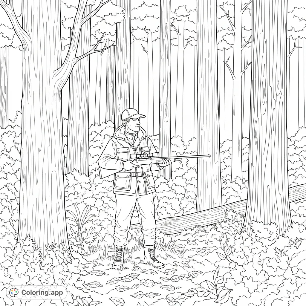 A poised hunter with a rifle stands ready amidst a dense forest. This scene captures a moment of quiet anticipation within the wilderness.