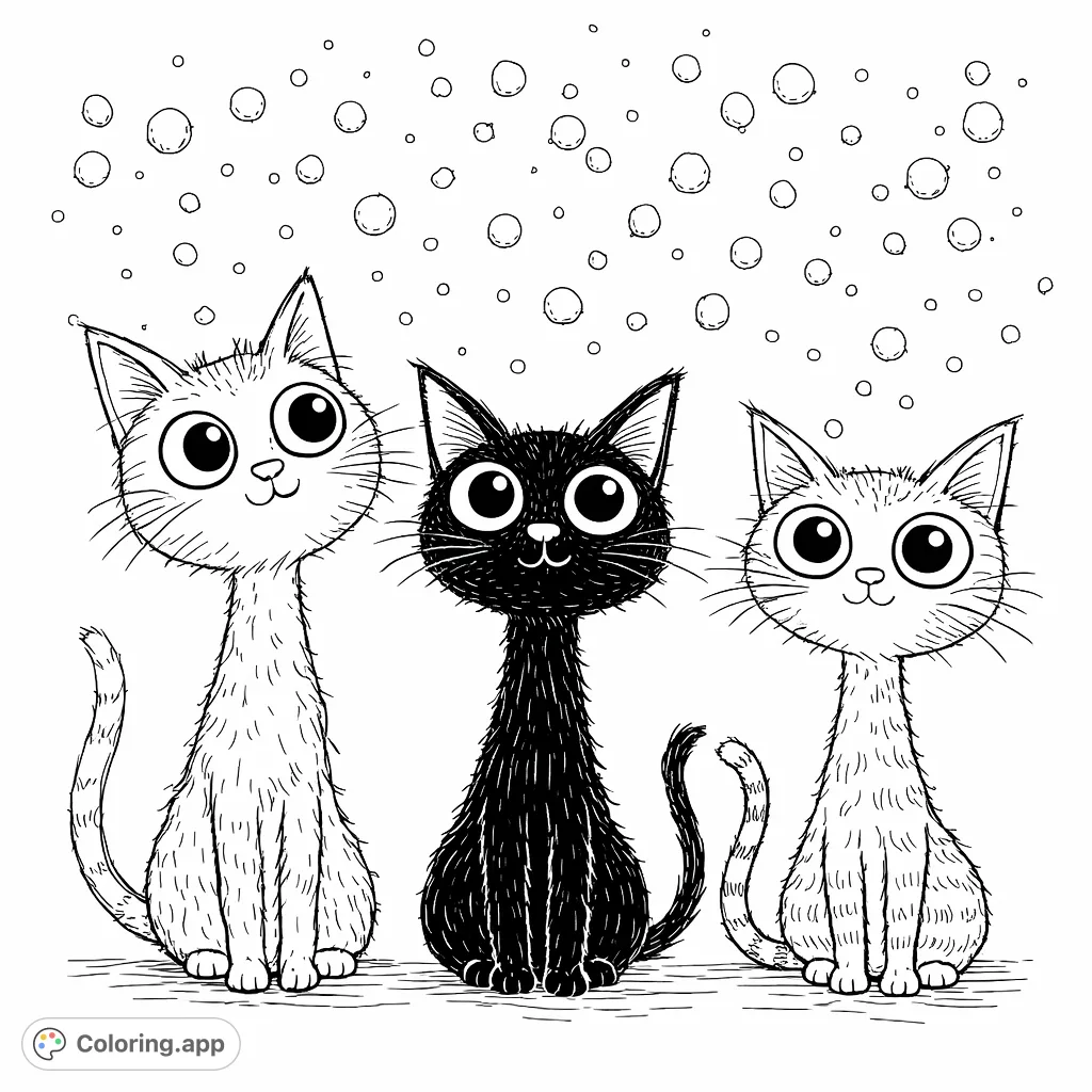 Three adorable cartoon cats with wide eyes gaze up at a shower of cheerful dots. A whimsical and engaging scene perfect for creative coloring fun.