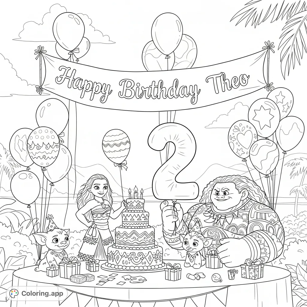 Join Moana, Maui, Pua, and Heihei at a lively tropical birthday party for Theo! Features a tiered cake, festive balloons, and gifts in an island setting.