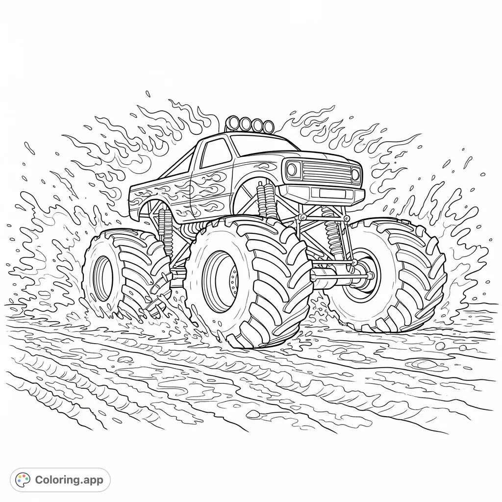 Experience the thrill with this monster truck coloring page, featuring a powerful vehicle with big tires and dynamic flames, splashing through deep mud.