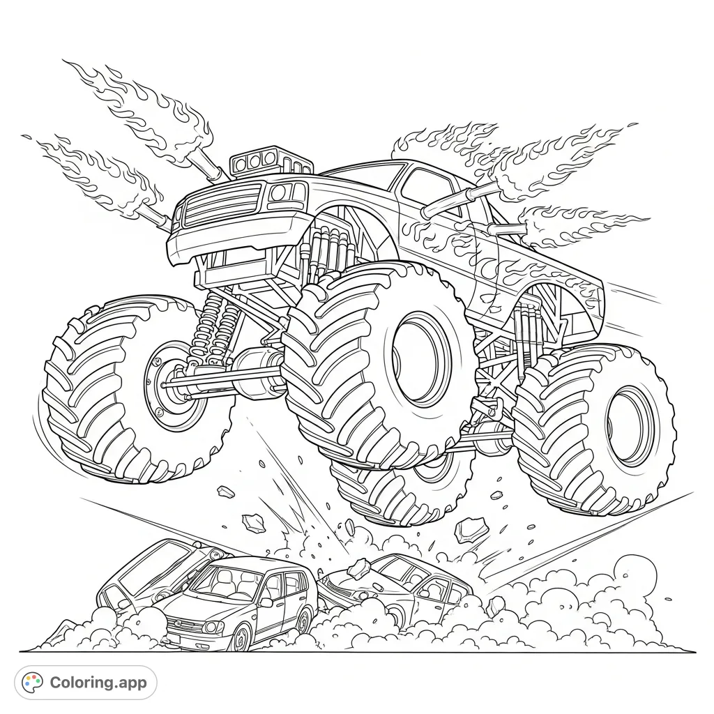 Experience the thrill of a monster truck roaring through the air, engulfed in powerful flames as it conquers an obstacle. A dynamic, action-packed scene for all ages.