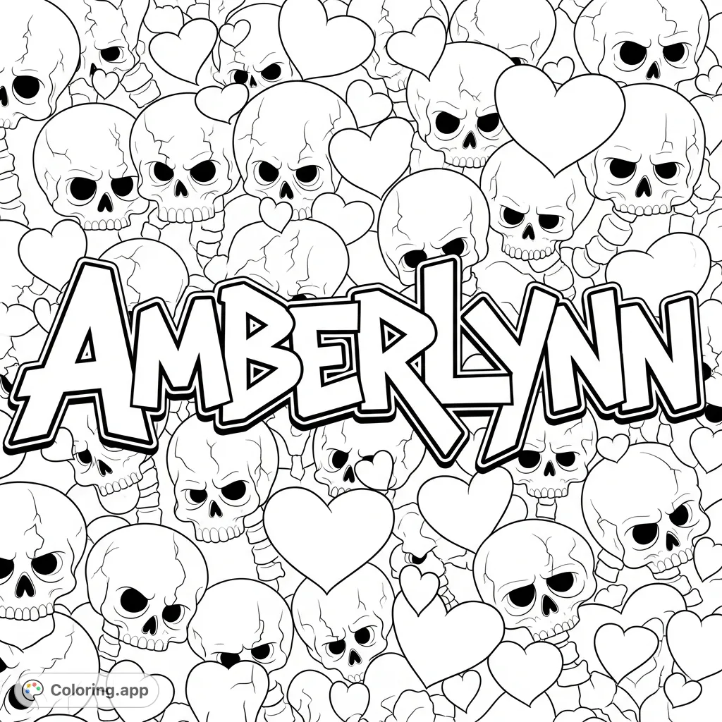 Bold 'AmberLynn' graffiti lettering interwoven with edgy skeletal forms and smooth heart shapes, creating an intricate and dynamic coloring experience.
