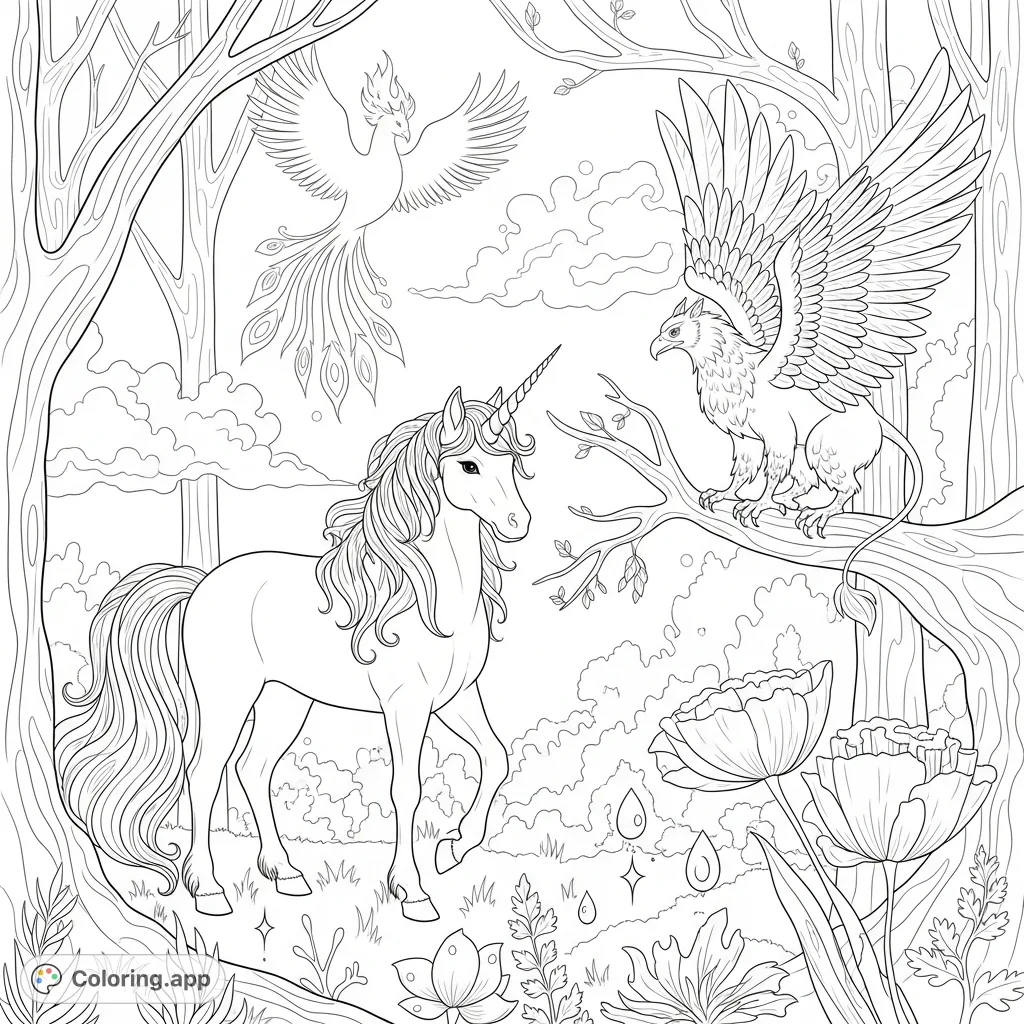 Explore a fantastical world with a majestic unicorn, a soaring griffin, and a graceful phoenix amidst ornate flora. Perfect for magical adventures.