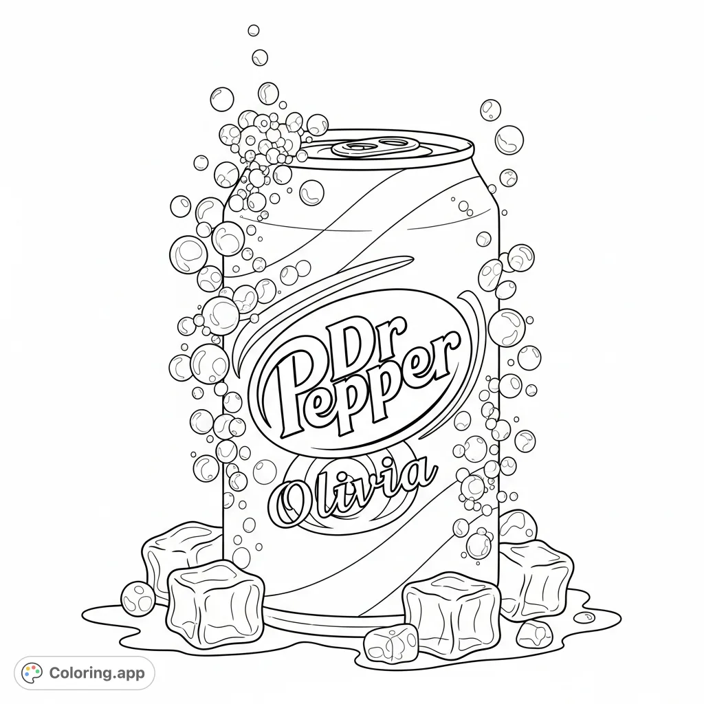 A classic Dr Pepper can featuring the iconic logo, surrounded by fizzing bubbles and ice cubes. Personalized with the name 'Olivia' in elegant script. A fun beverage coloring page.