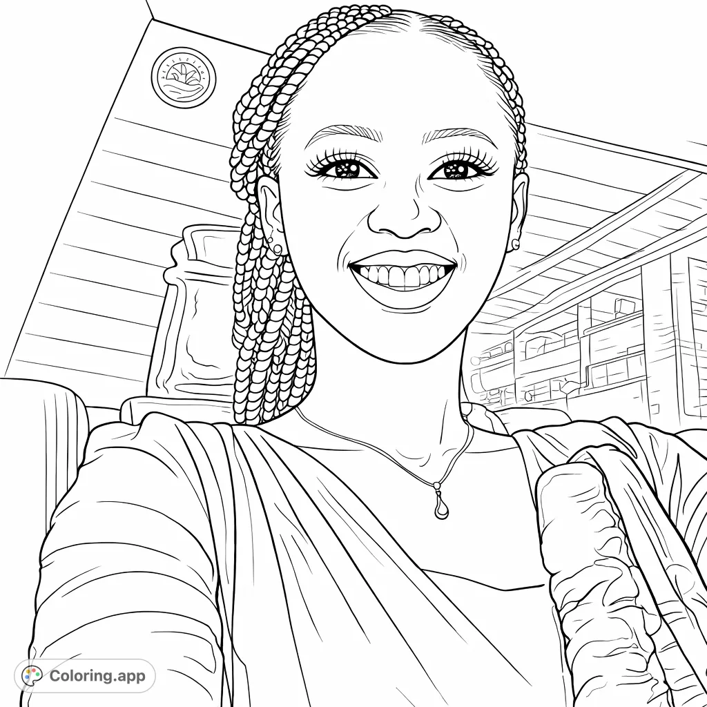 A captivating portrait of a smiling woman with braided hair and a delicate necklace. Perfect for detailed coloring and personal expression.