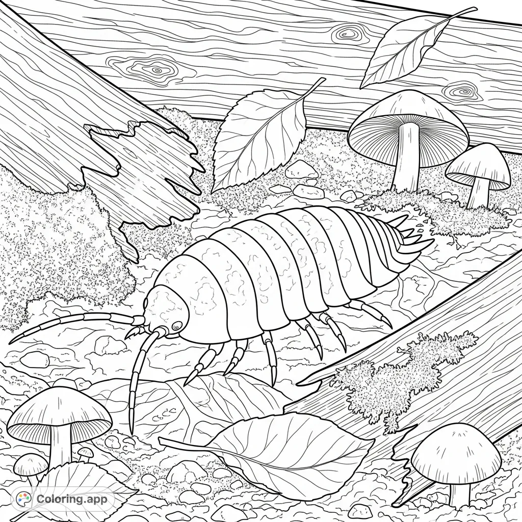 Discover a terrestrial isopod in its natural forest floor habitat. This detailed coloring page features logs, leaf litter, moss, and mushrooms.
