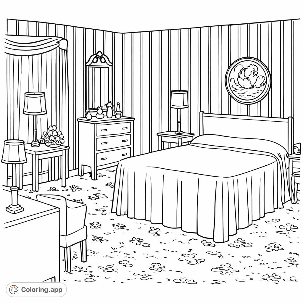 Step into a charming vintage bedroom featuring classic furniture, striped walls, and a floral rug. A delightful scene for relaxation and creative coloring.