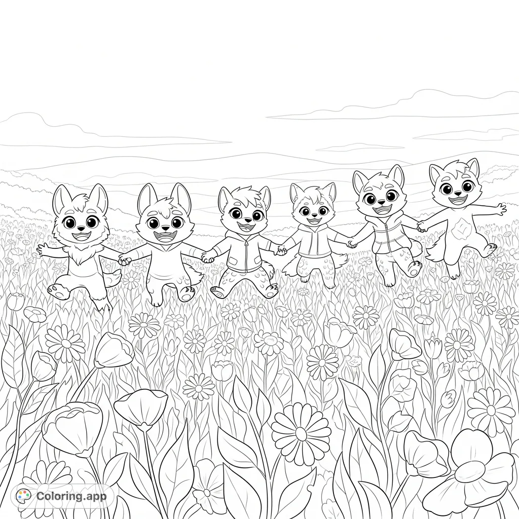 Join cheerful cartoon cryptids skipping hand-in-hand through a vibrant field of diverse wildflowers. A delightful scene for creative coloring fun!