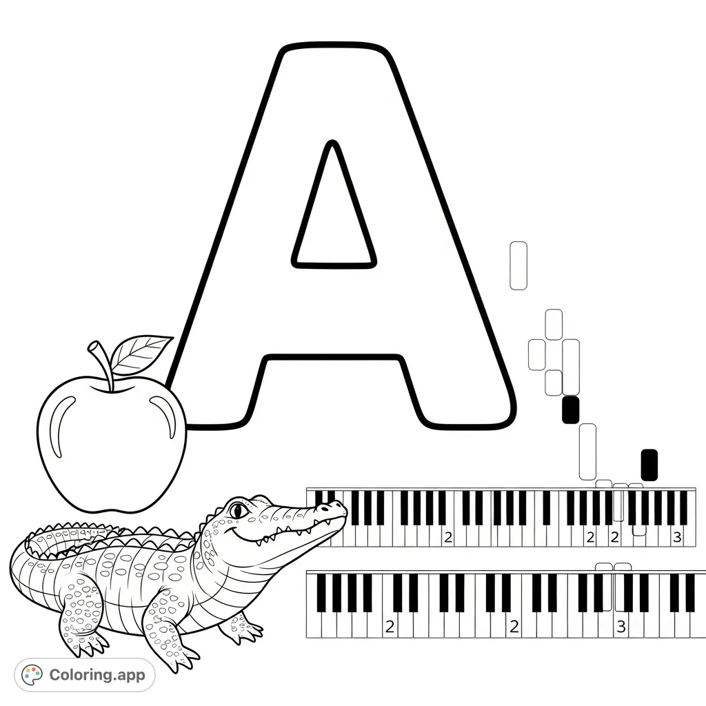Engage preschoolers with this letter A coloring page featuring a friendly alligator, a juicy apple, and an educational two-octave piano diagram. Perfect for early learning.