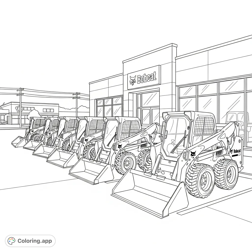 Explore a detailed bobcat skid steer store with multiple loaders parked for sale, featuring distinct mechanical shapes and prominent brand signage. Perfect for vehicle enthusiasts!