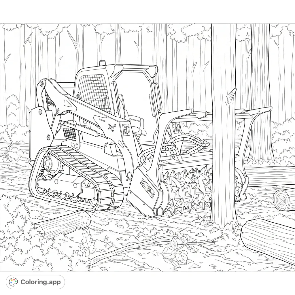 Experience the power of a skid steer with a mulching head transforming a dense forest. A dynamic scene perfect for heavy equipment enthusiasts.