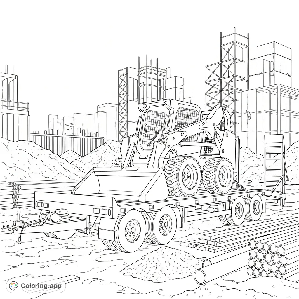 Explore a dynamic construction site coloring page featuring a detailed skid steer loader on a trailer amidst building materials and rising structures.