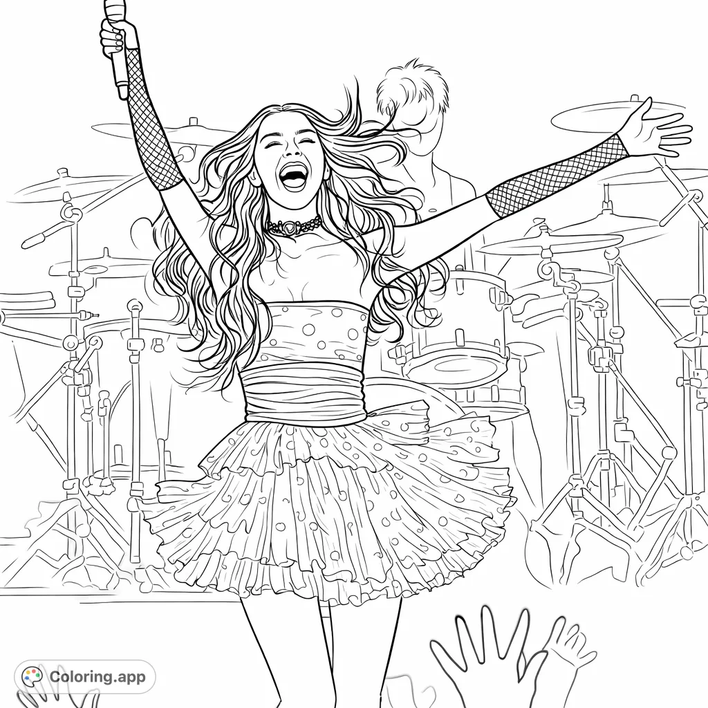 Capture the energy of a pop idol on stage. This dynamic coloring page features a performer with flowing hair and a detailed outfit, surrounded by concert elements.