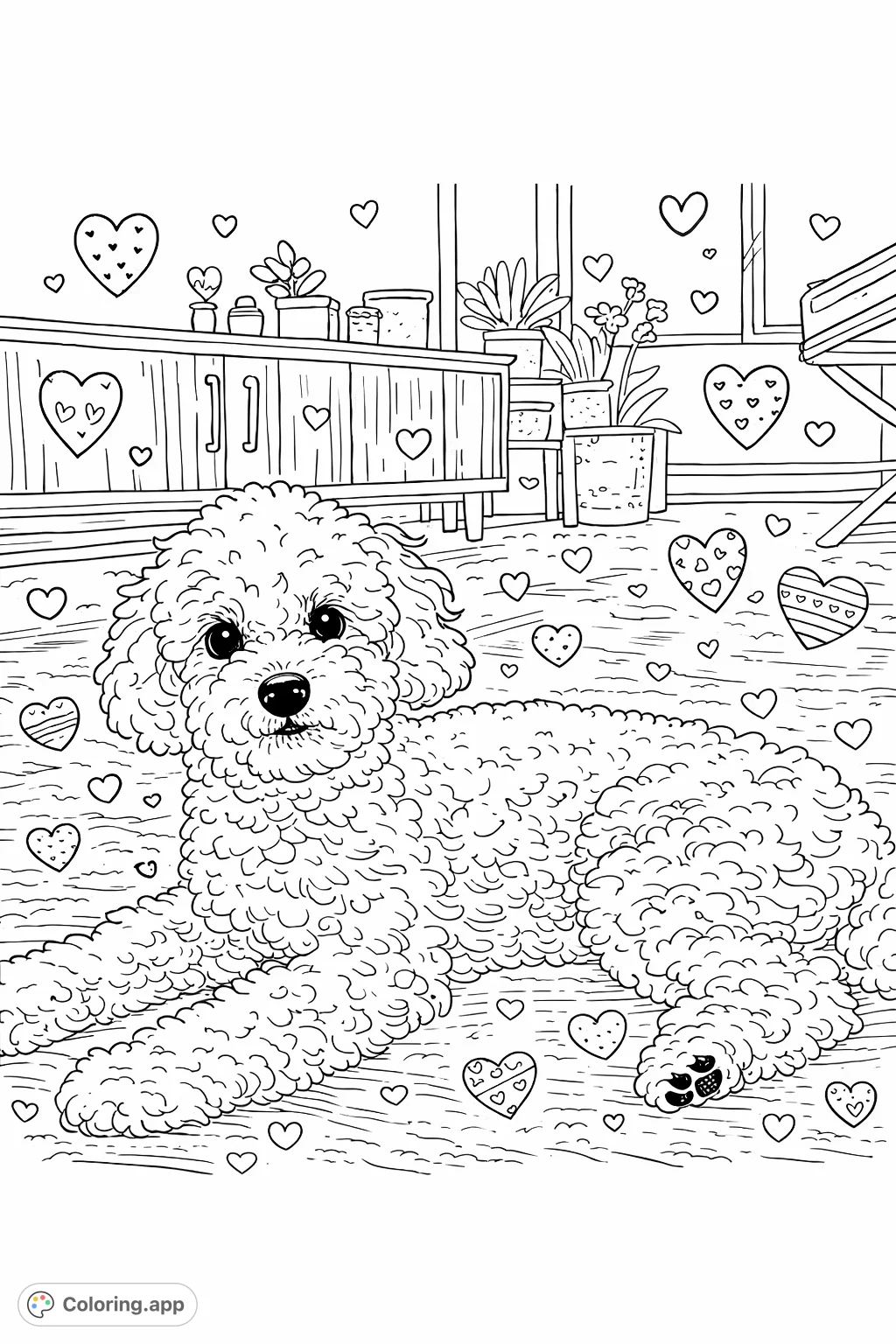 A charming, hand-drawn sketch of a curly-haired dog resting on a patterned rug, enhanced with decorative heart patterns. Perfect for a cozy coloring experience.