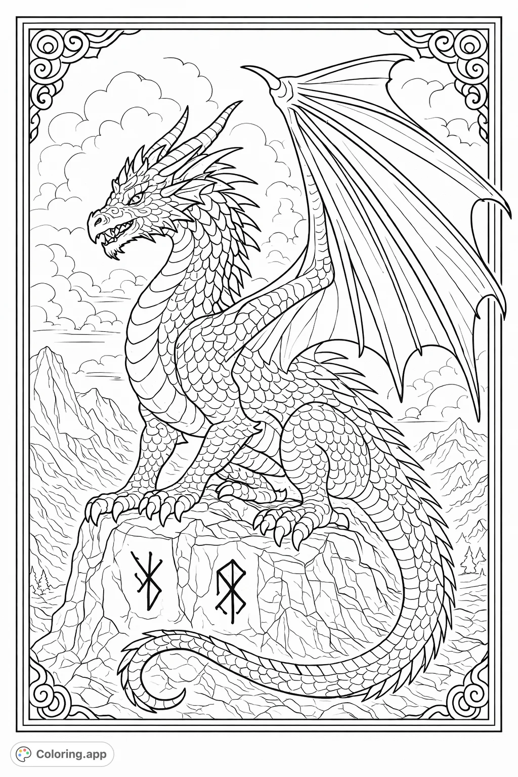 Unleash your creativity with this magnificent dragon coloring page. A powerful scaled dragon perches on a rune-marked mountain, surrounded by clouds.