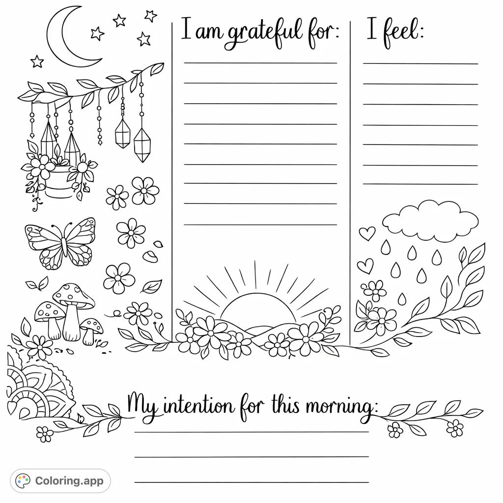 A beautiful journaling page combining celestial elements, nature designs, and guided prompts for reflection, perfect for mindful moments.