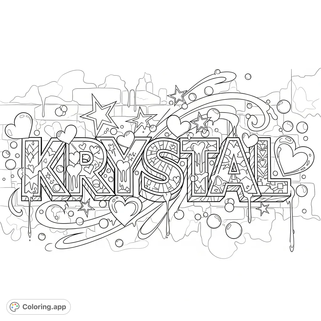 Unleash creativity with this Krystal graffiti style coloring page! Features bold letters, intricate patterns, stars, hearts, and urban flair.