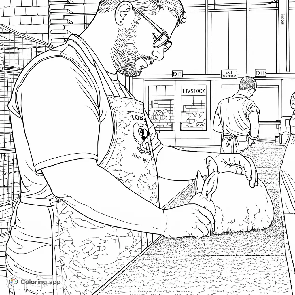 Explore a detailed scene of a rabbit being gently prepared by a handler at an animal exhibition. Perfect for animal lovers and those appreciating focused activity.