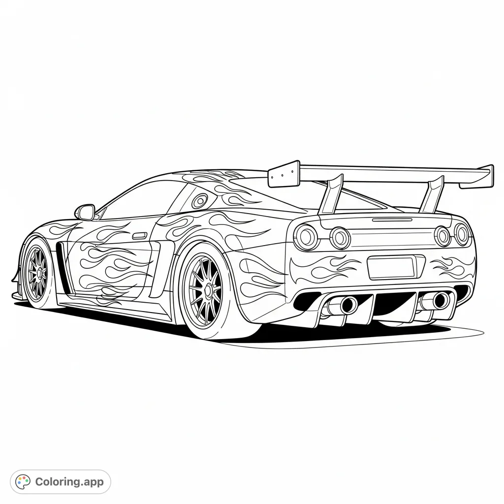 Ignite your creativity with this thrilling race car featuring sleek gradients, fiery flame patterns, and powerful exhaust pipes, a fantastic free printable coloring page.