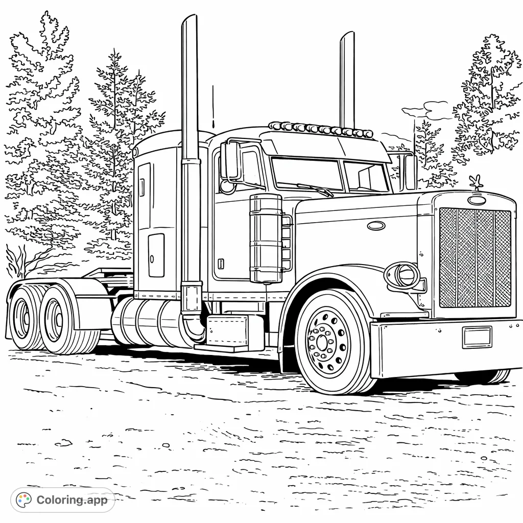Color a detailed classic semi-truck with impressive chrome details, intricate grille, and powerful structure. A perfect challenge for vehicle enthusiasts.