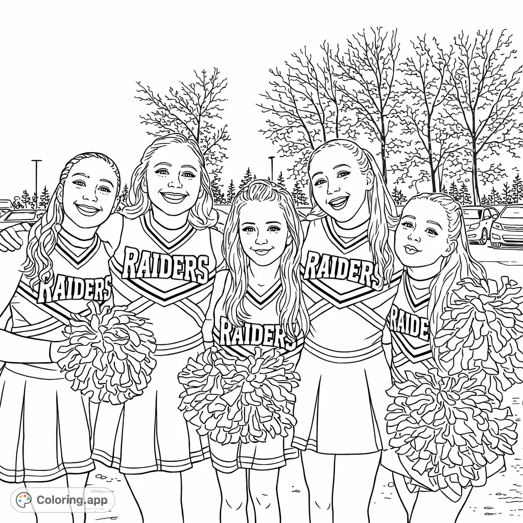 Capture the energy of a cheerleading squad with this detailed coloring page featuring five smiling team members and their textured pom-poms.
