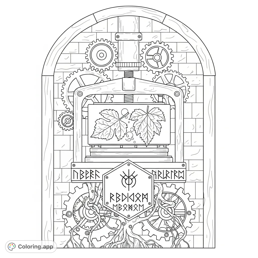 Explore an intricate mechanical herbarium machine mounted on a wall, featuring gears, pressing plates, botanical specimens, and mysterious runic markings.