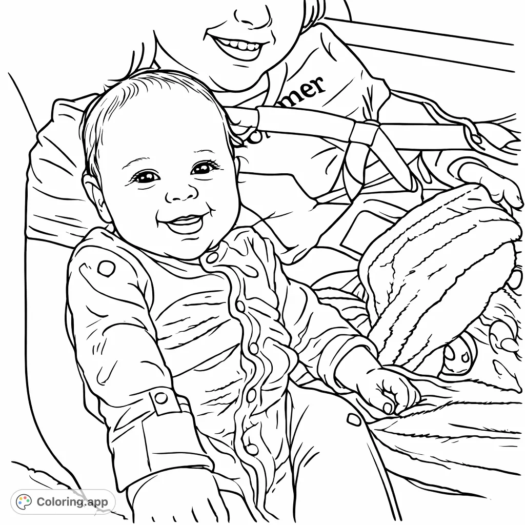 A heartwarming scene of a smiling baby held by an older sibling, perfect for capturing tender family moments. Enjoy coloring this lovely bond.