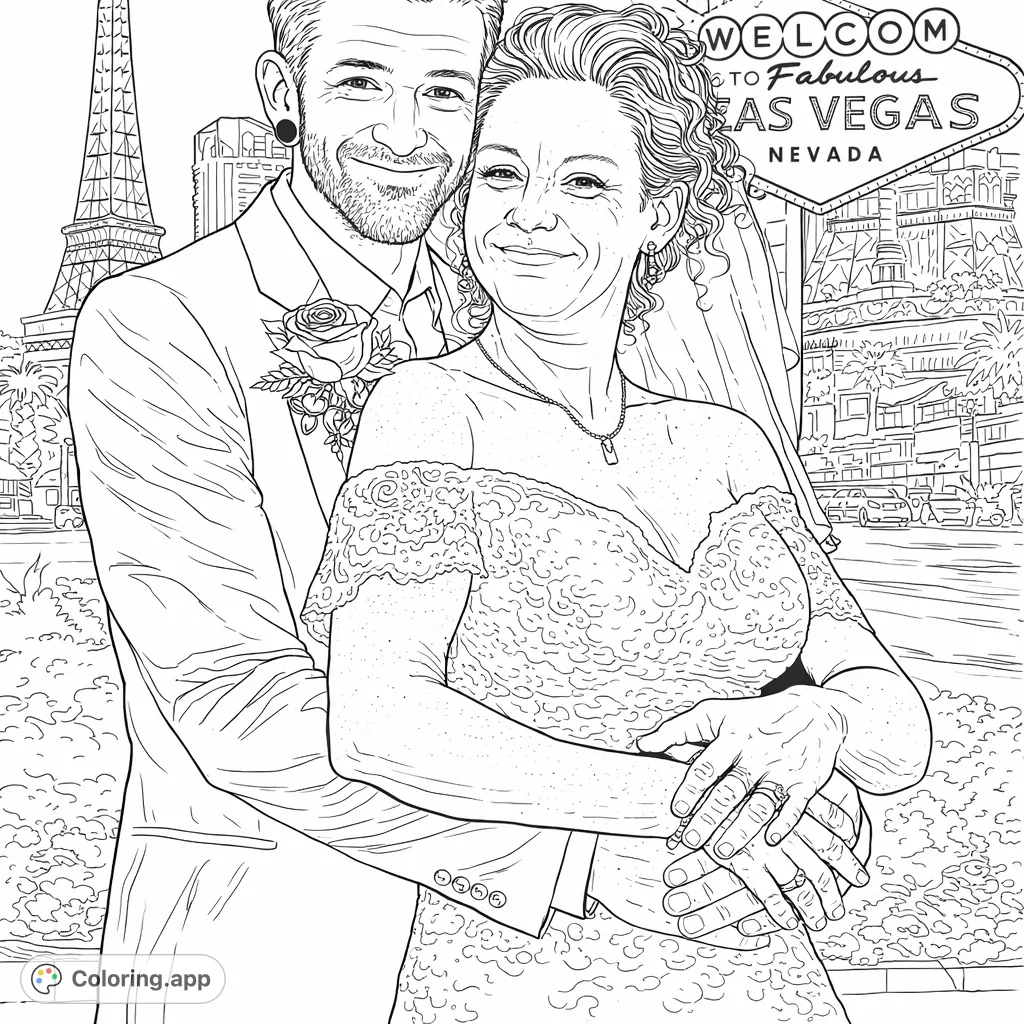 Capture a joyous wedding celebration with this intricate coloring page featuring a loving couple embracing against a sparkling city night backdrop.