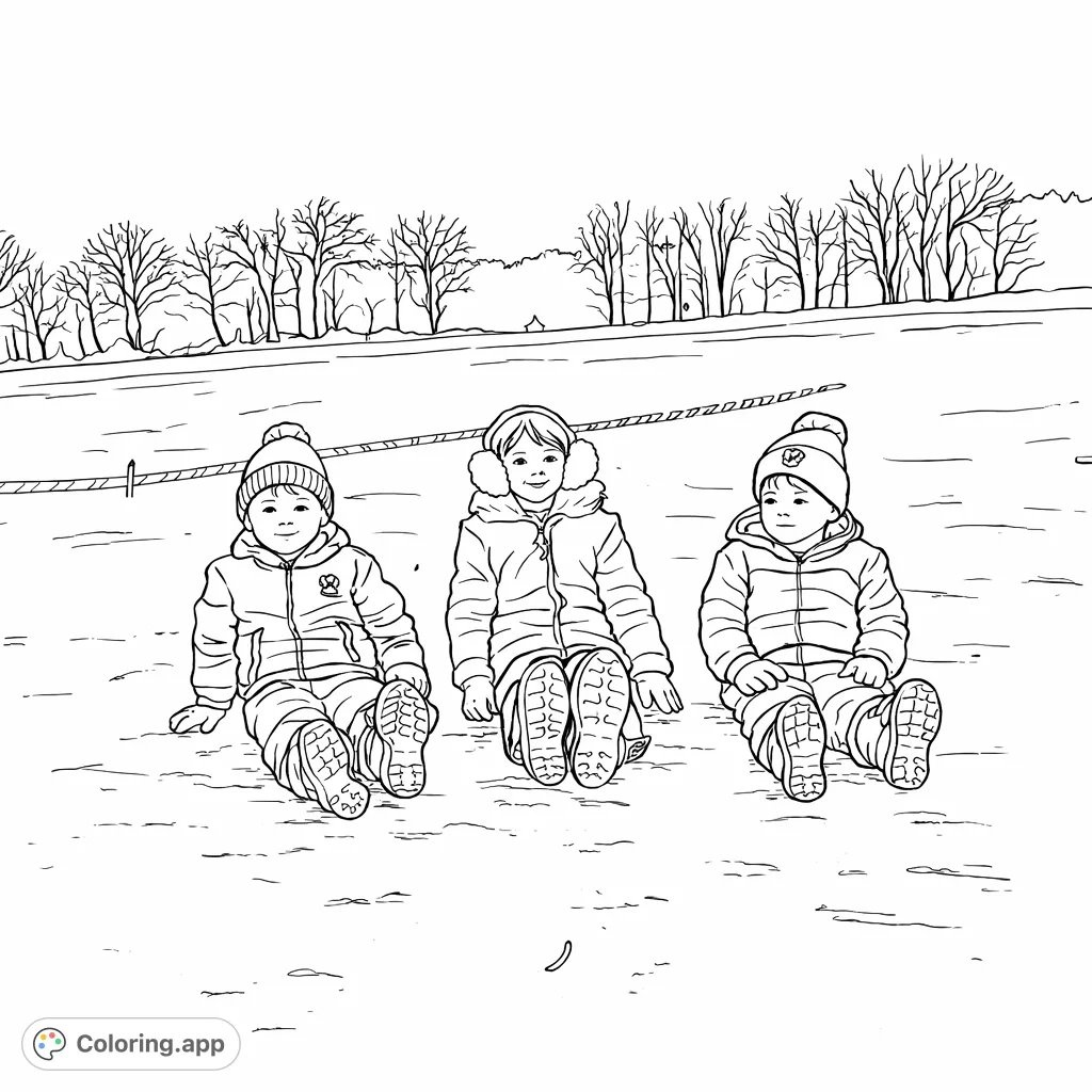 Three cheerful children in winter gear sit on a vast frozen lake, ready for a playful coloring adventure. A delightful winter scene for young artists.
