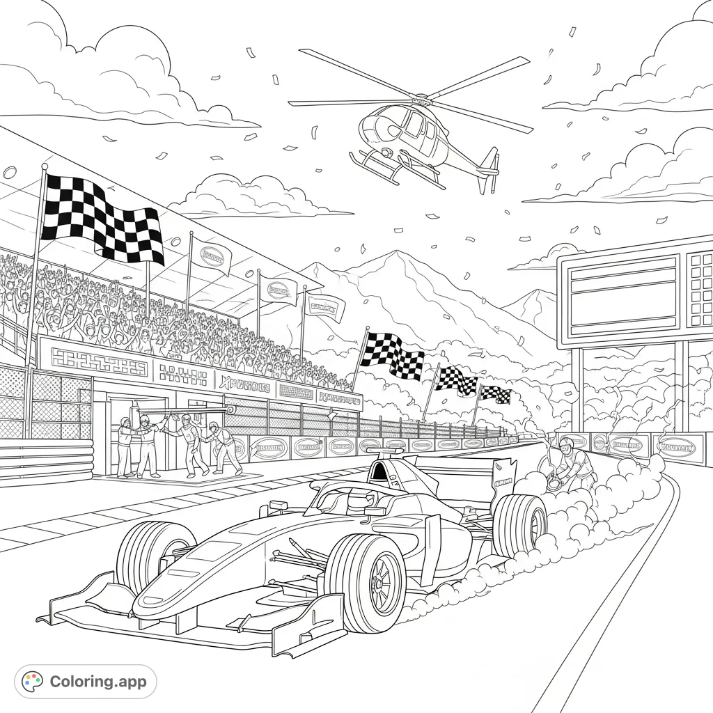 Experience the thrill of a Formula race! This detailed coloring page features a speeding car, cheering crowds, a pit stop, and checkered flags, set against majestic mountains. Perfect for all racing fans!