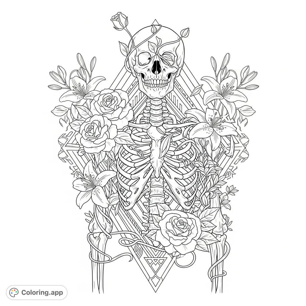 An intricate anatomical skeleton intertwined with detailed botanical flowers and complex geometric patterns, perfect for a gothic-themed coloring experience.