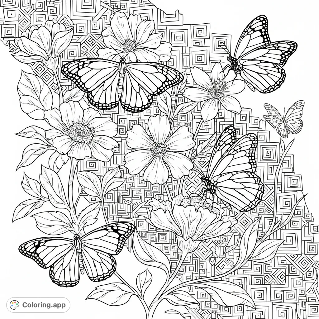 Detailed monarch butterflies flutter amidst a garden of various blooms, set against an intricate backdrop of geometric patterns, offering a captivating coloring experience.
