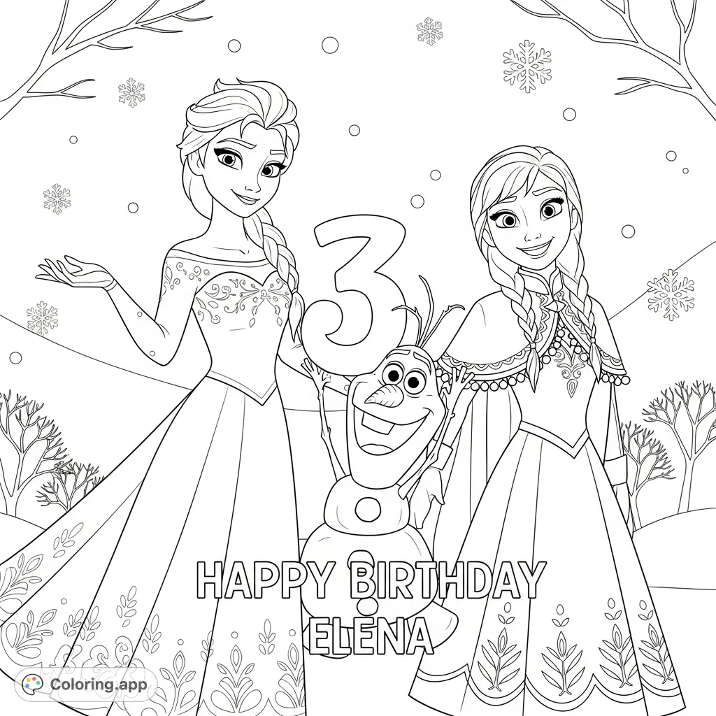Join Elsa, Anna, and Olaf in a magical winter scene, celebrating a special birthday with snowflakes and festive cheer. A delightful Frozen adventure.