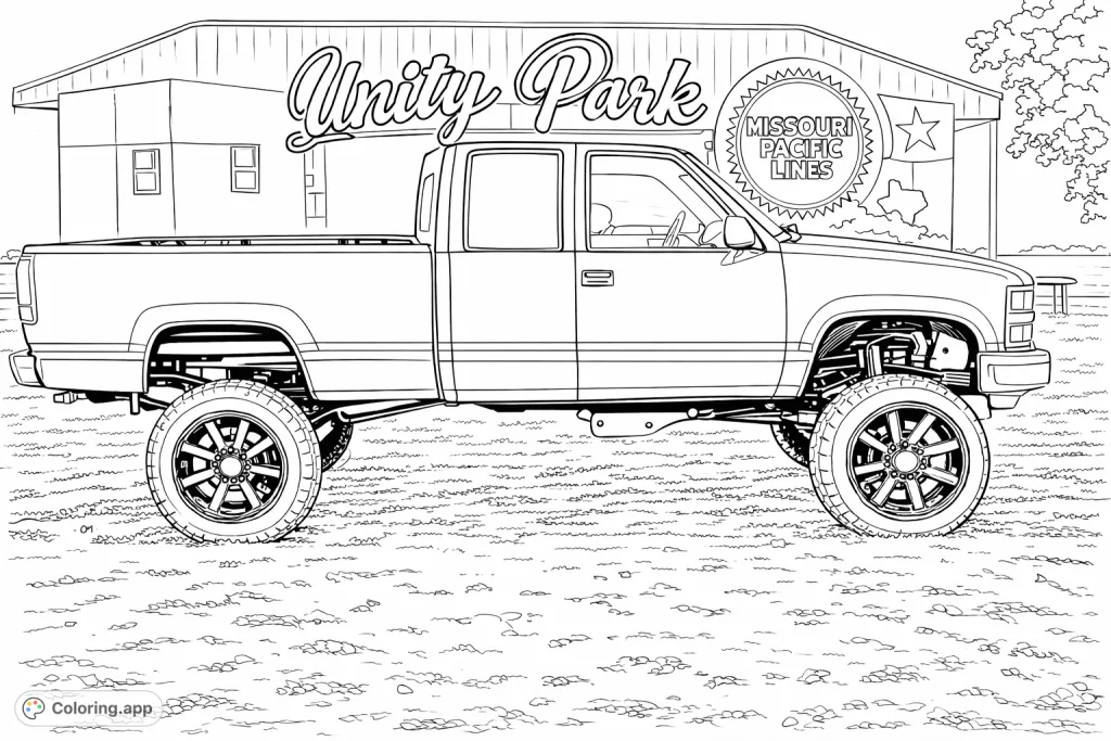 Color a powerful lifted pickup truck with large off-road wheels, parked in front of a building with a 'Unity Park' sign, amidst a natural landscape.