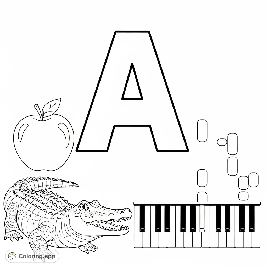 Explore the letter A with a friendly alligator and a precise piano keyboard diagram. A fun, educational coloring page for learning and creativity.