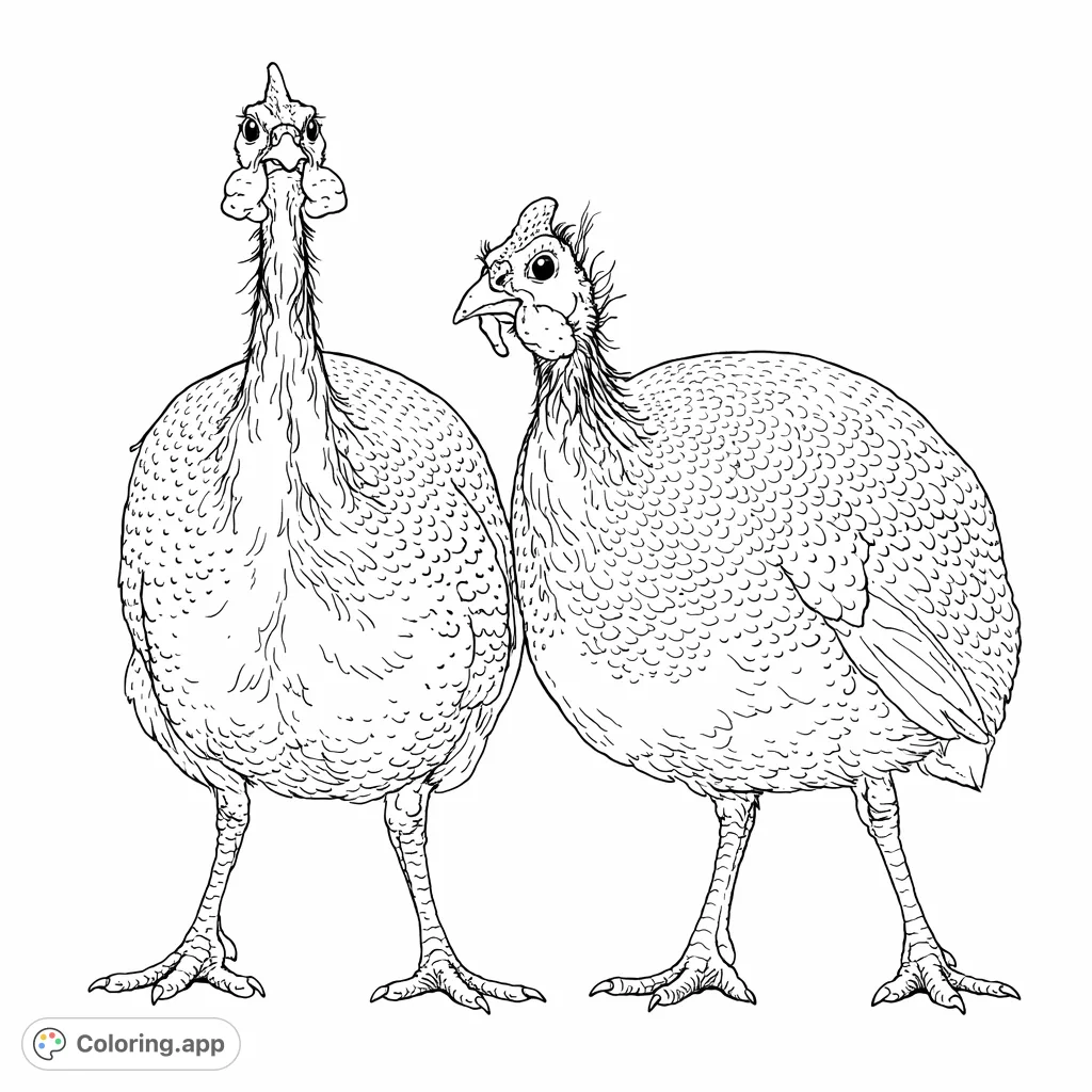 A detailed coloring page featuring two guinea fowl with their characteristic speckled plumage and intricate head adornments, perfect for nature enthusiasts.