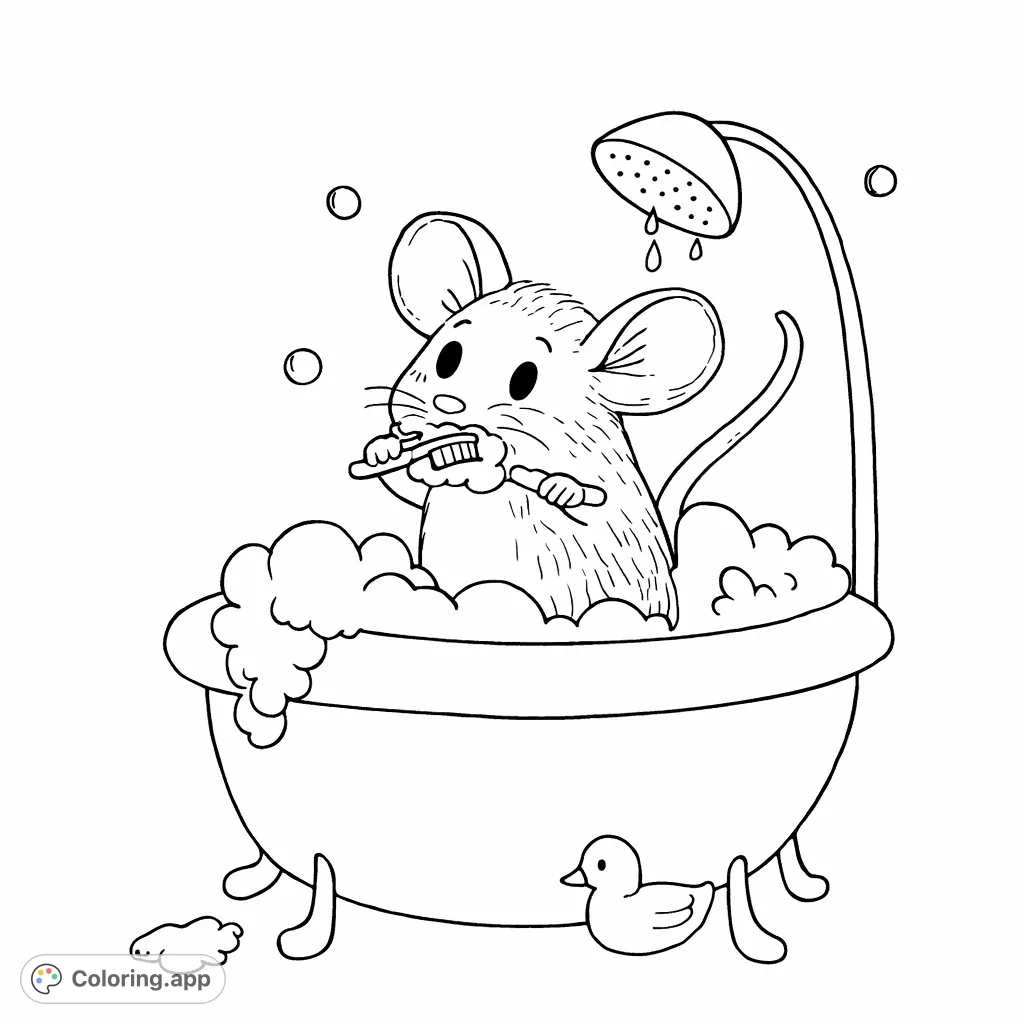 A charming mouse happily brushes its teeth in a bubble-filled bathtub, complete with a shower and a toy duck. Perfect for little colorists!