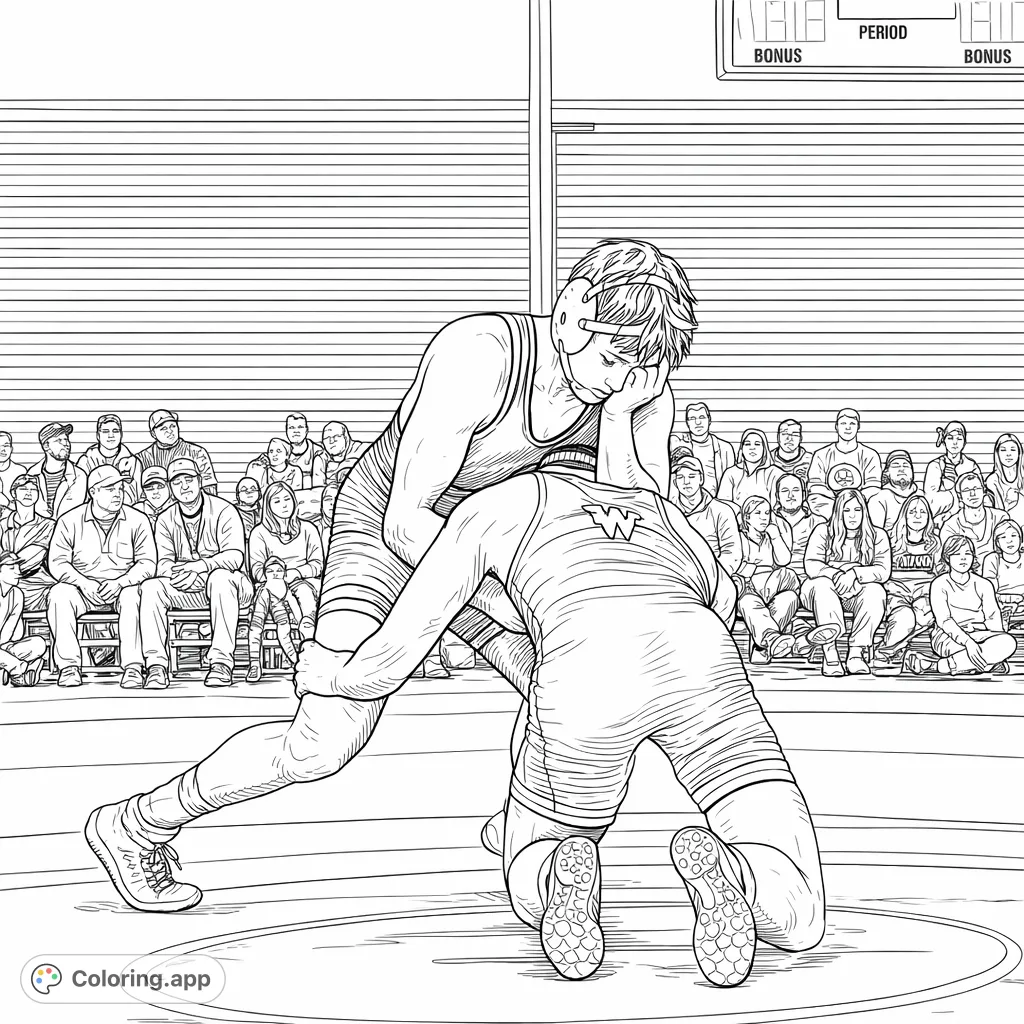 Capture the intense action of a realistic wrestling match! Two athletes grapple on the mat before a crowd, perfect for sports fans. This detailed page offers an engaging challenge.