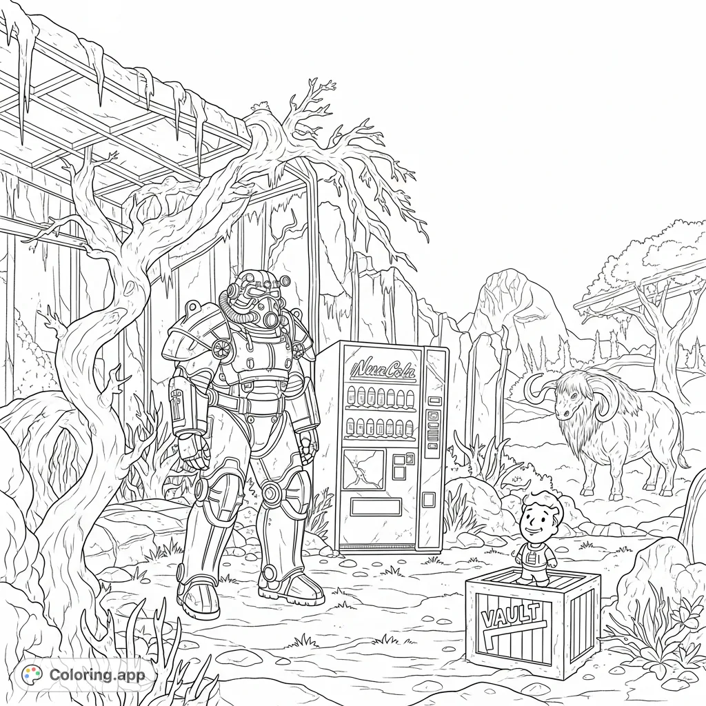Explore the iconic post-apocalyptic world of Fallout 76 with this detailed coloring page, featuring Power Armor, Vault Boy, and desolate ruins.