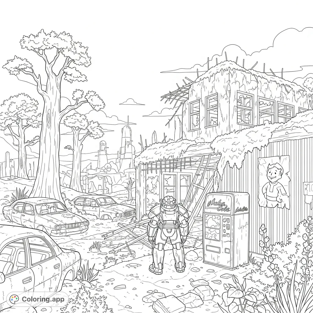 Explore a detailed Fallout 76 wasteland scene with iconic power armor, Vault Boy, and ruined structures. A perfect free printable coloring page for fans.