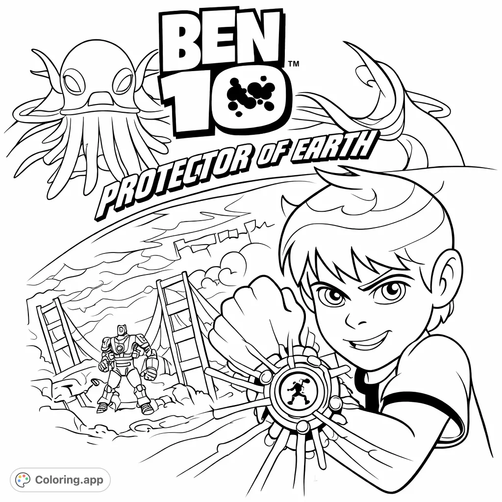 An action-packed coloring page featuring a determined young hero with a powerful wrist device, facing an alien and a robot in a dynamic scene.