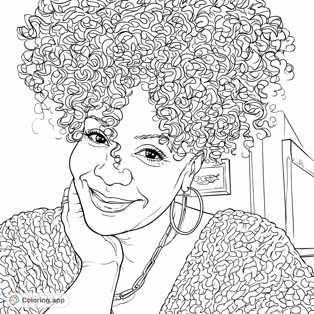A delightful portrait of a smiling woman with voluminous curly hair and textured attire. This expressive design offers a canvas for personal creativity.